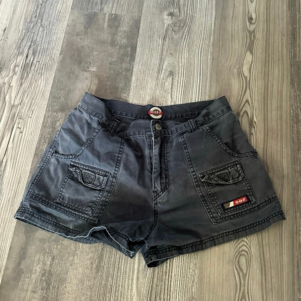 sqz black cargo shorts with bleach stains